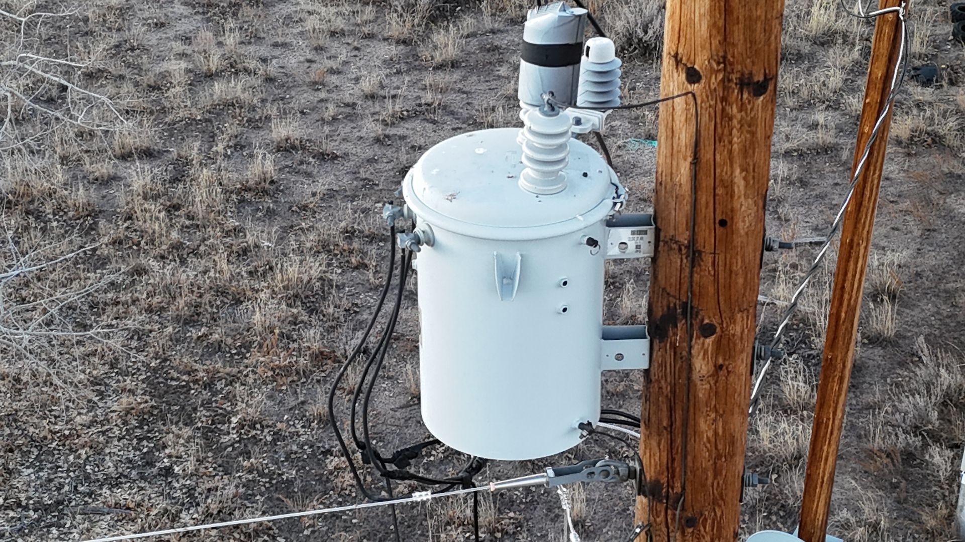 Electrical transformer mounted on a wooden utility pole in a rural area with dry grass.